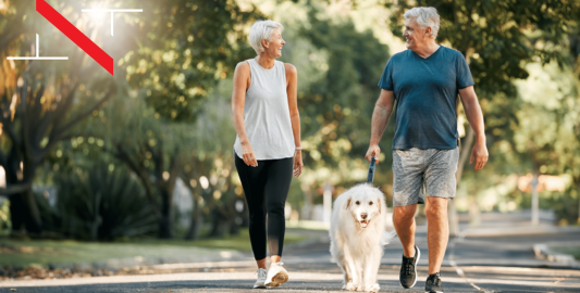 A Happy Couple Walking With A Dog On A Leash