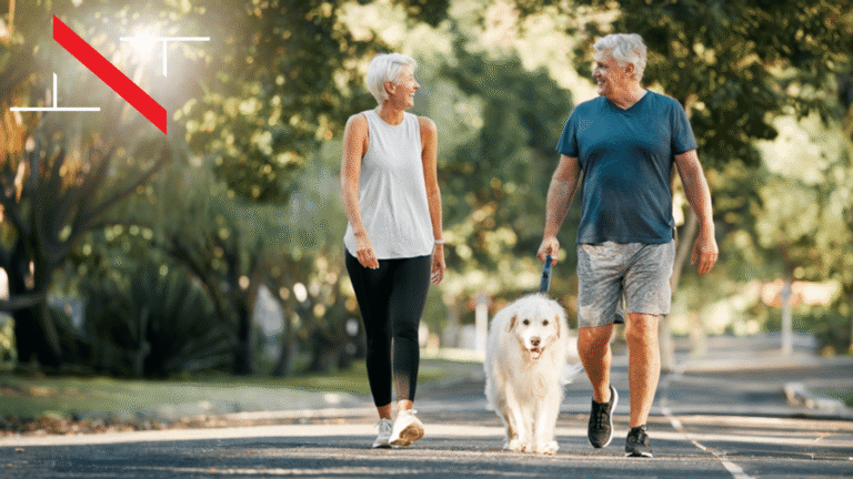 a happy couple walking with a dog on a leash